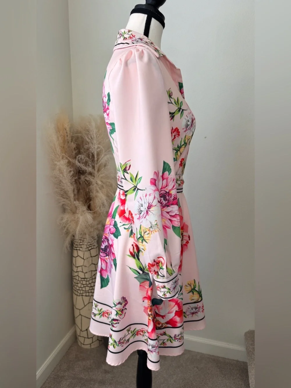 DALIA MACPHEE Pink Floral Long-Sleeve Shirt Dress with Tie Waist - S - Picture 4 of 8